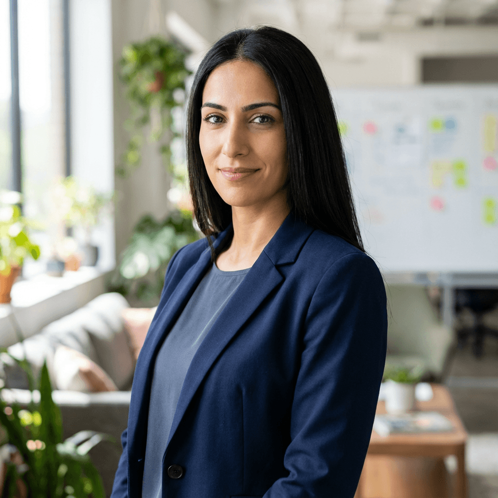 Priya Sharma in a blazer with a calm professional demeanor in a bright office