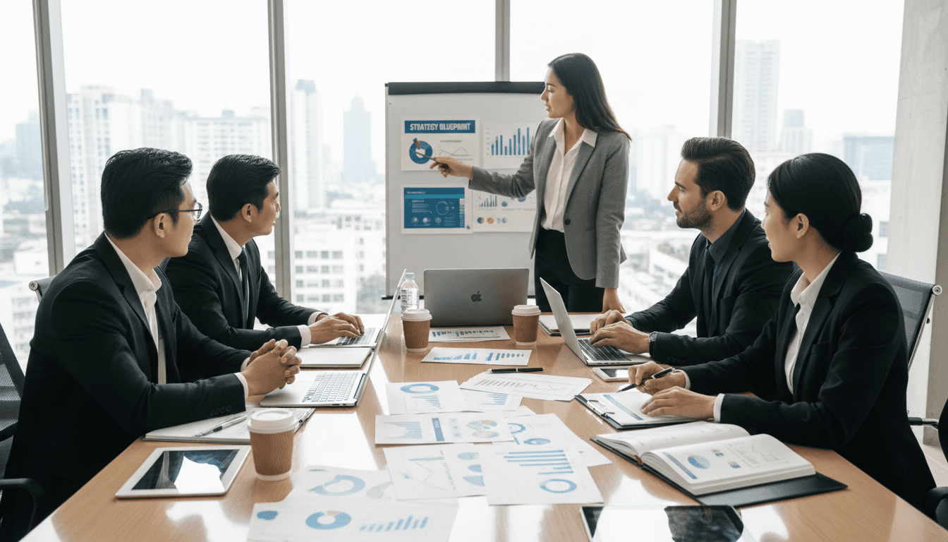 Business consultants reviewing charts and documents around a modern conference table