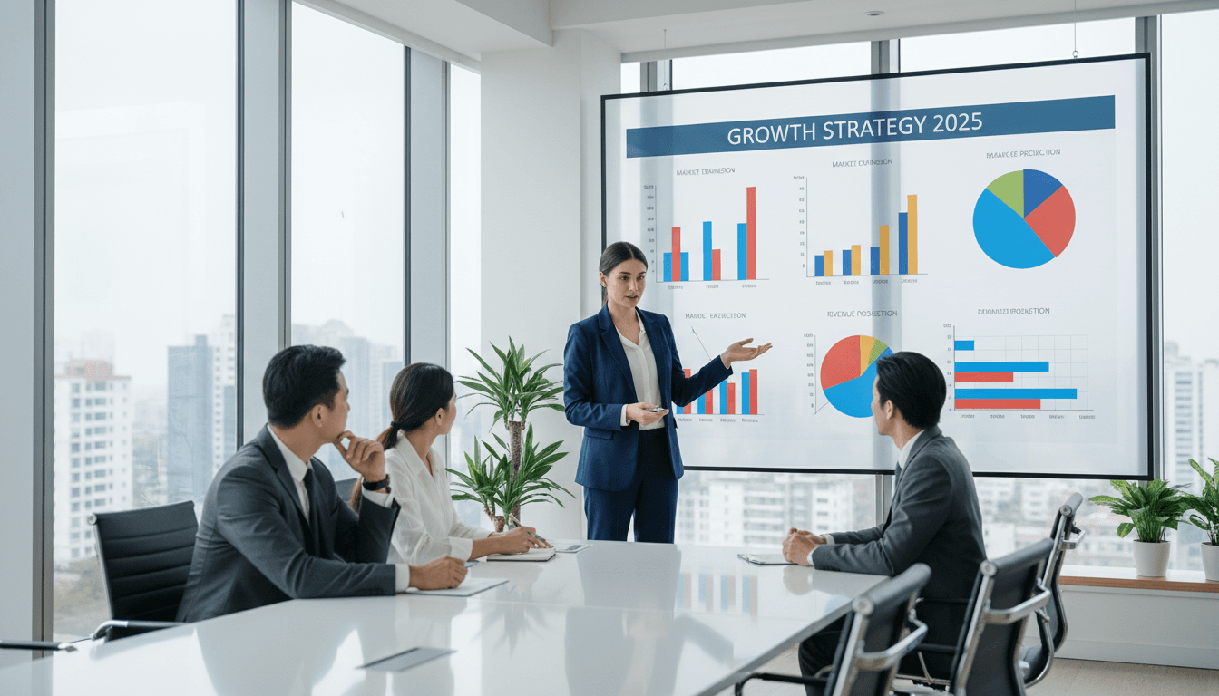 Professional business consultant presenting strategy to a client in a modern, bright office