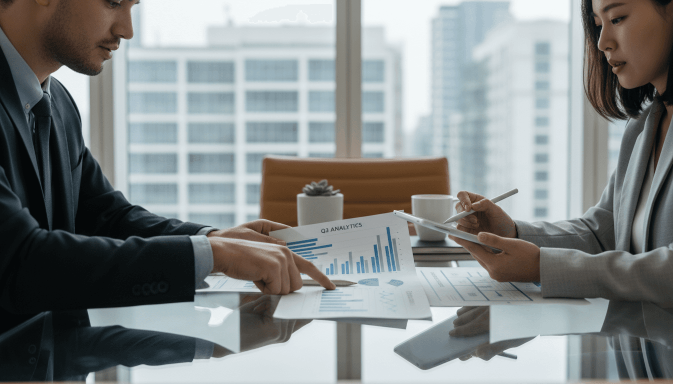 Business consultants reviewing performance strategy in a modern UK office