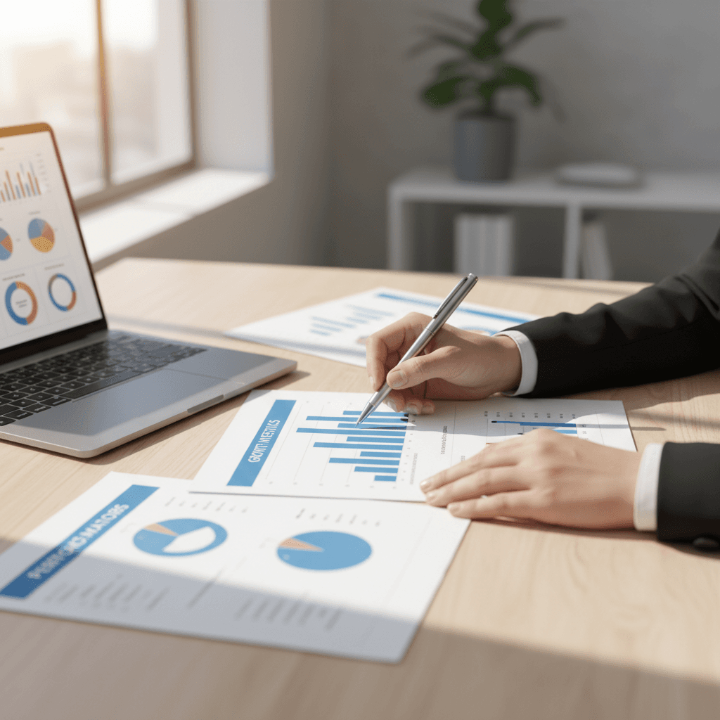Business consultants analyzing growth charts around a conference table