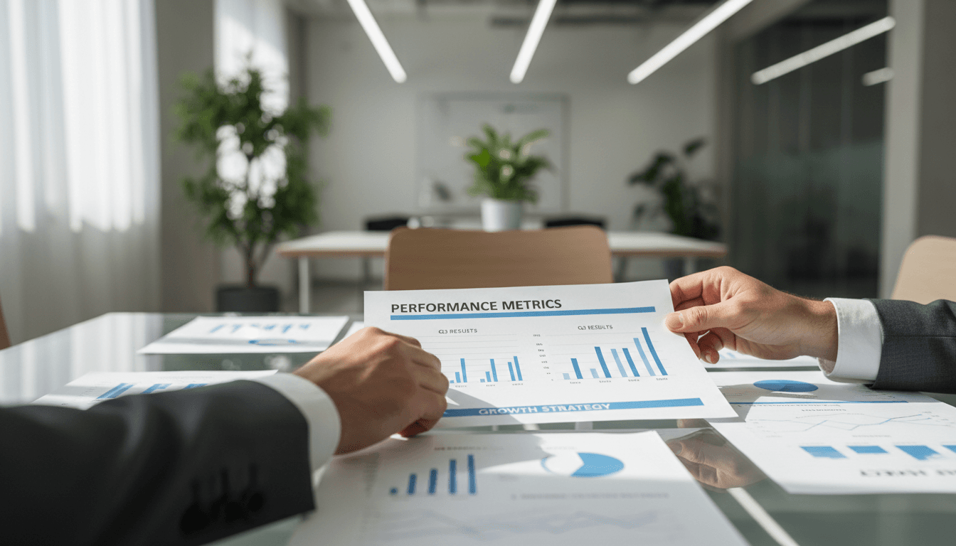 Business consultant discussing strategy with client in modern meeting room